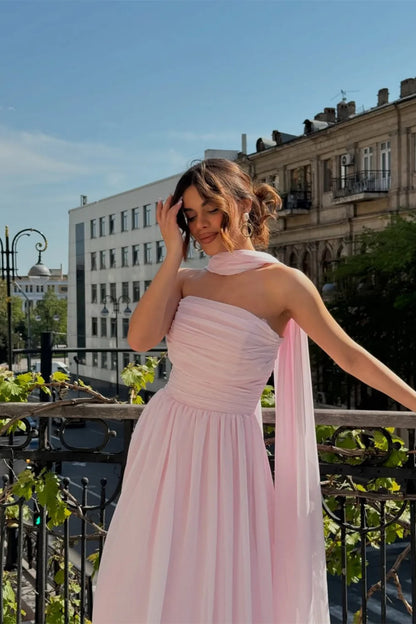 Elegant Strapless A-Line Chiffon Long Prom Dress With Scarf Detail AD317