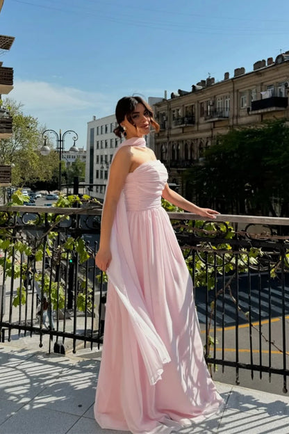 Elegant Strapless A-Line Chiffon Long Prom Dress With Scarf Detail AD317