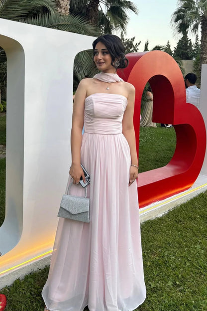 Elegant Strapless A-Line Chiffon Long Prom Dress With Scarf Detail AD317