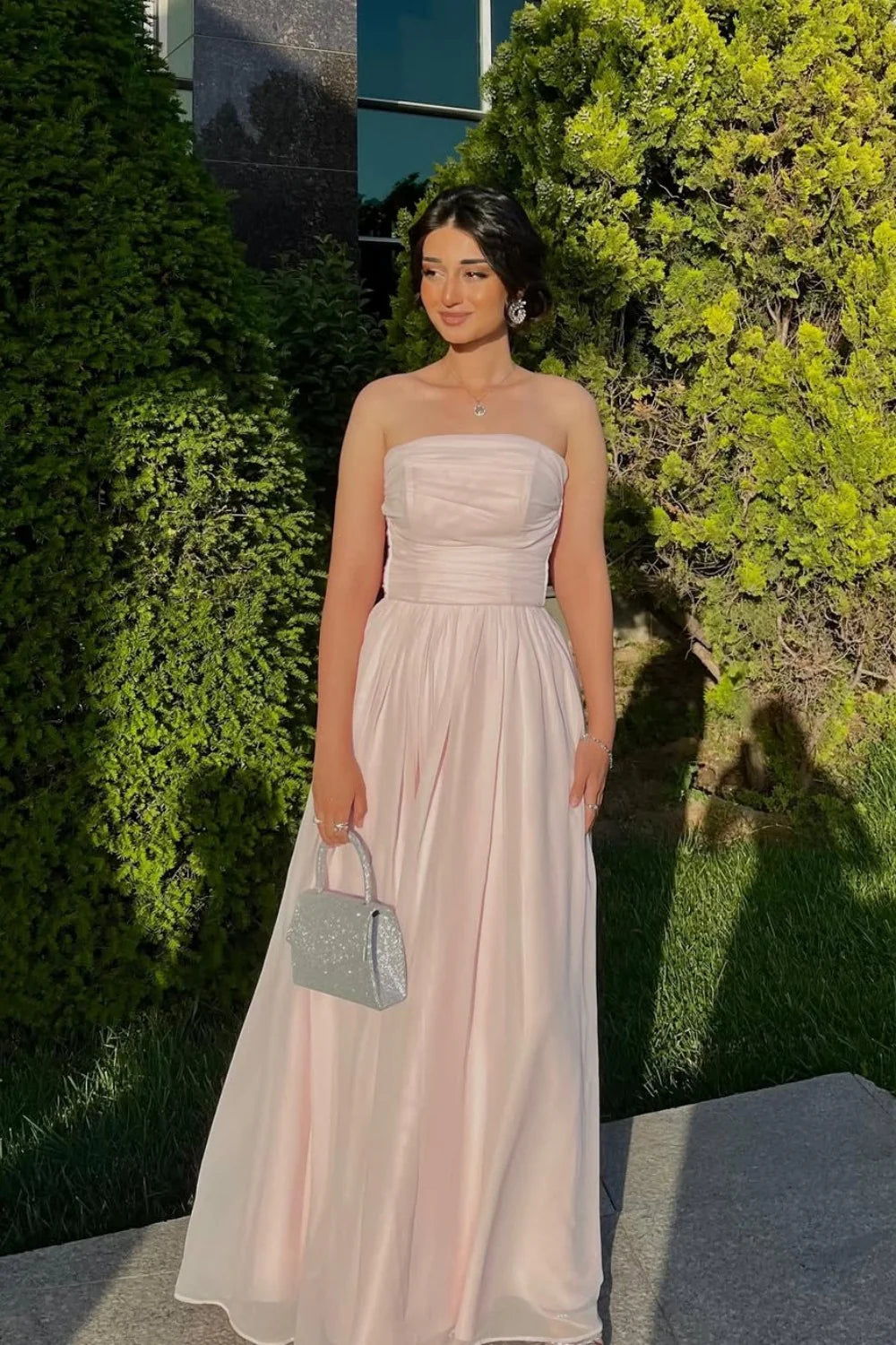 Elegant Strapless A-Line Chiffon Long Prom Dress With Scarf Detail AD317