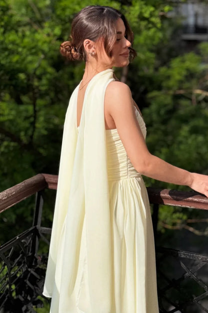 Elegant Strapless A-Line Chiffon Long Prom Dress With Scarf Detail AD317