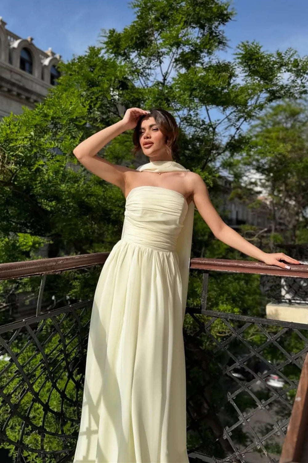 Elegant Strapless A-Line Chiffon Long Prom Dress With Scarf Detail AD317