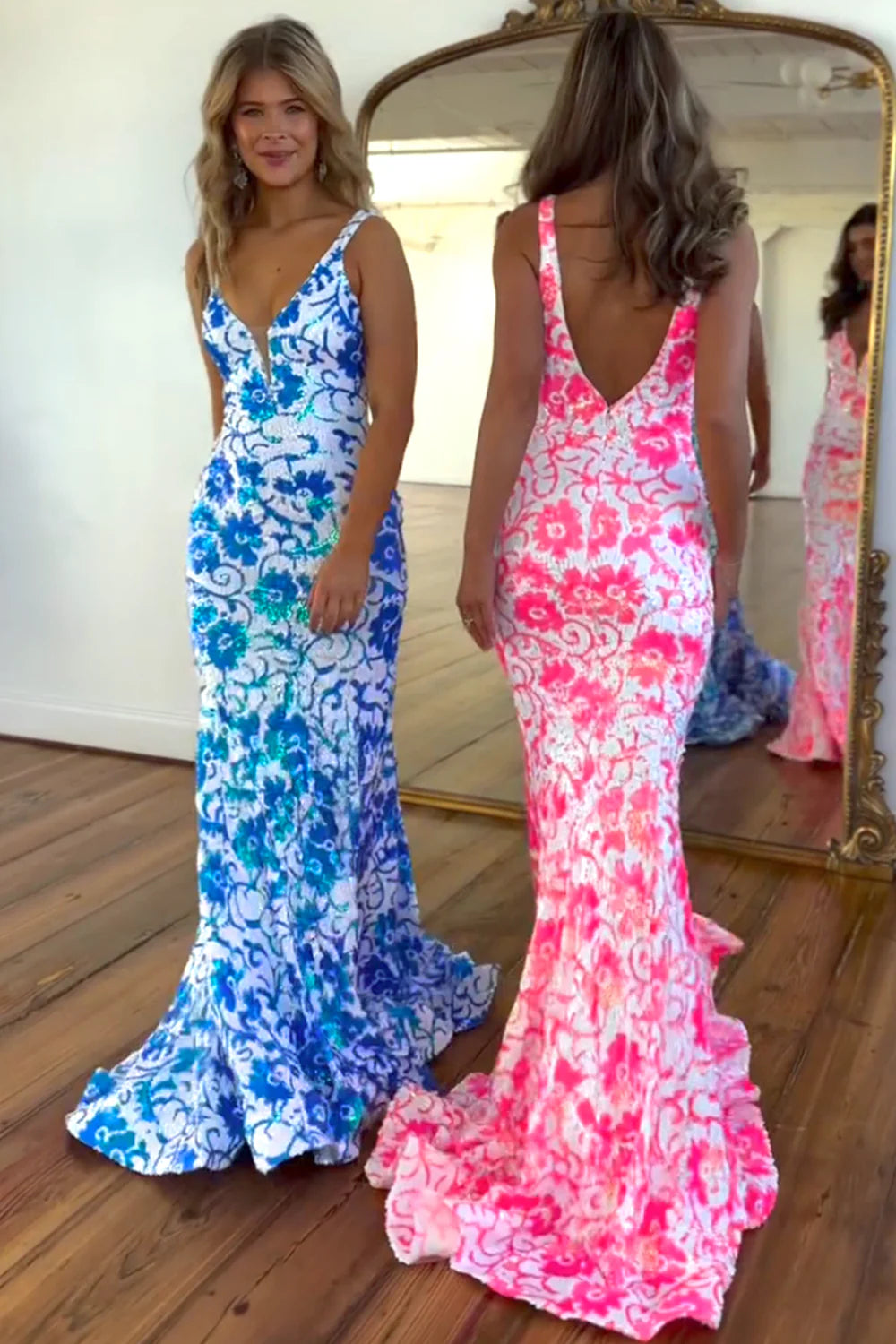 Long Spaghetti Straps Mermaid Prom Dress With Deep V Neck And Sequins Pattern AD319