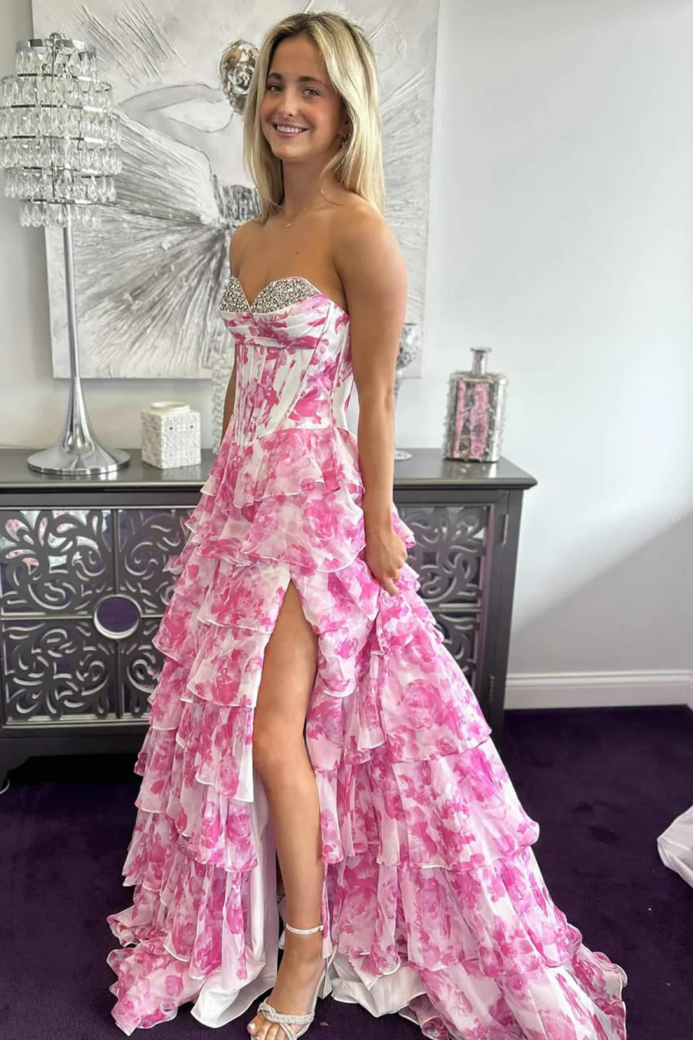 Watercolor Floral Strapless Prom Dress With Sweetheart Tiered Chiffon Train AD321