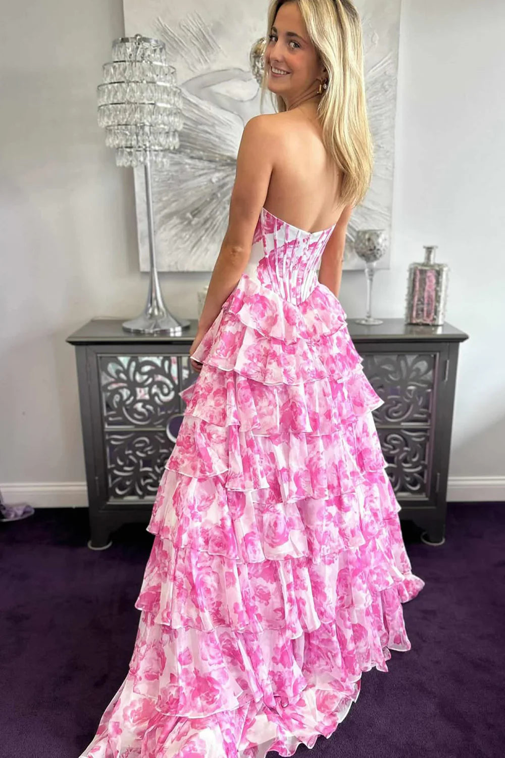 Watercolor Floral Strapless Prom Dress With Sweetheart Tiered Chiffon Train AD321