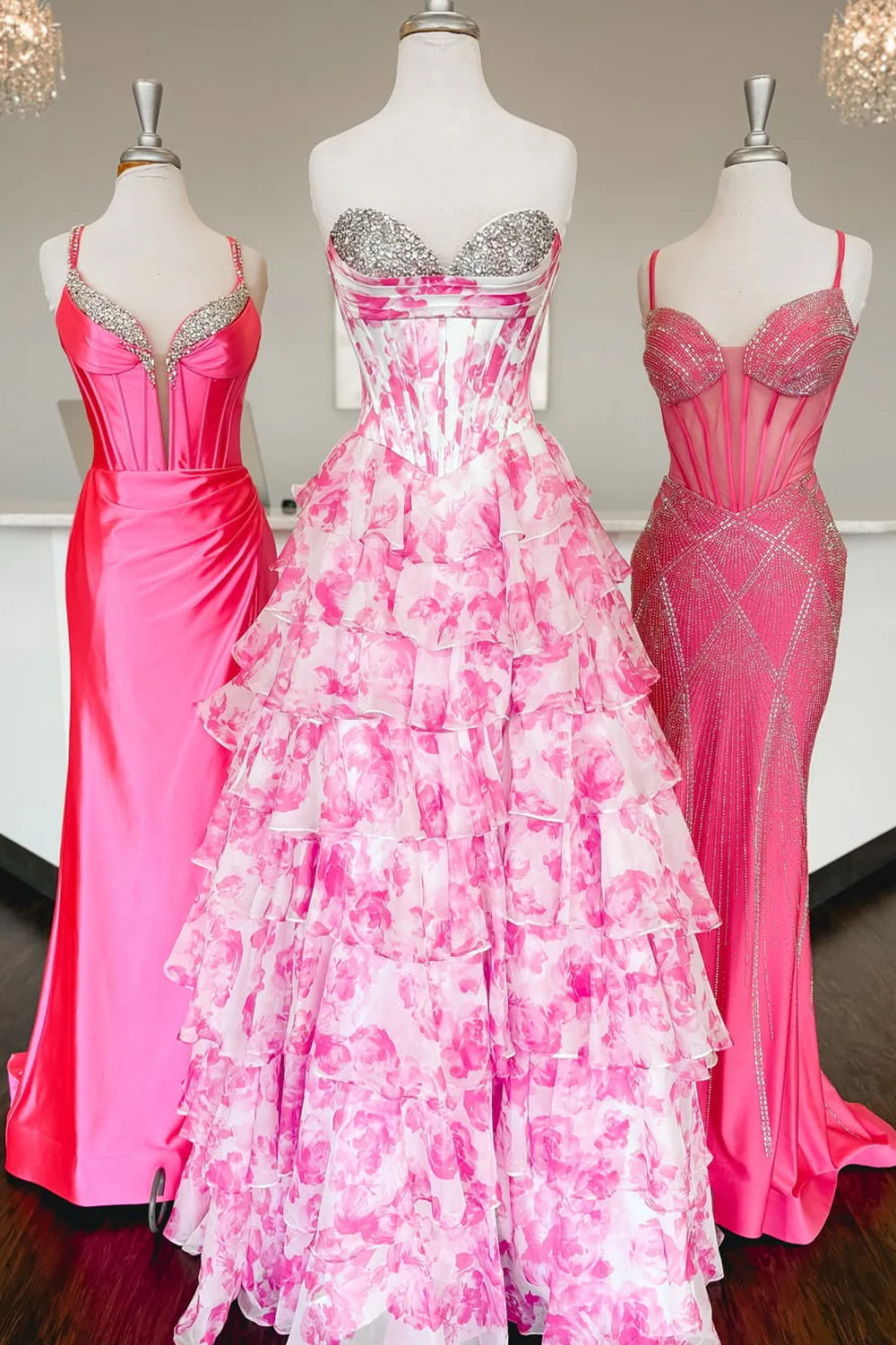 Watercolor Floral Strapless Prom Dress With Sweetheart Tiered Chiffon Train AD321