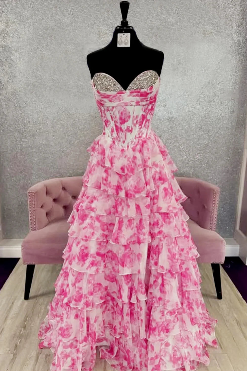 Watercolor Floral Strapless Prom Dress With Sweetheart Tiered Chiffon Train AD321