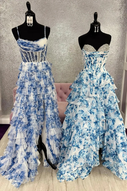 Watercolor Floral Strapless Prom Dress With Sweetheart Tiered Chiffon Train AD321