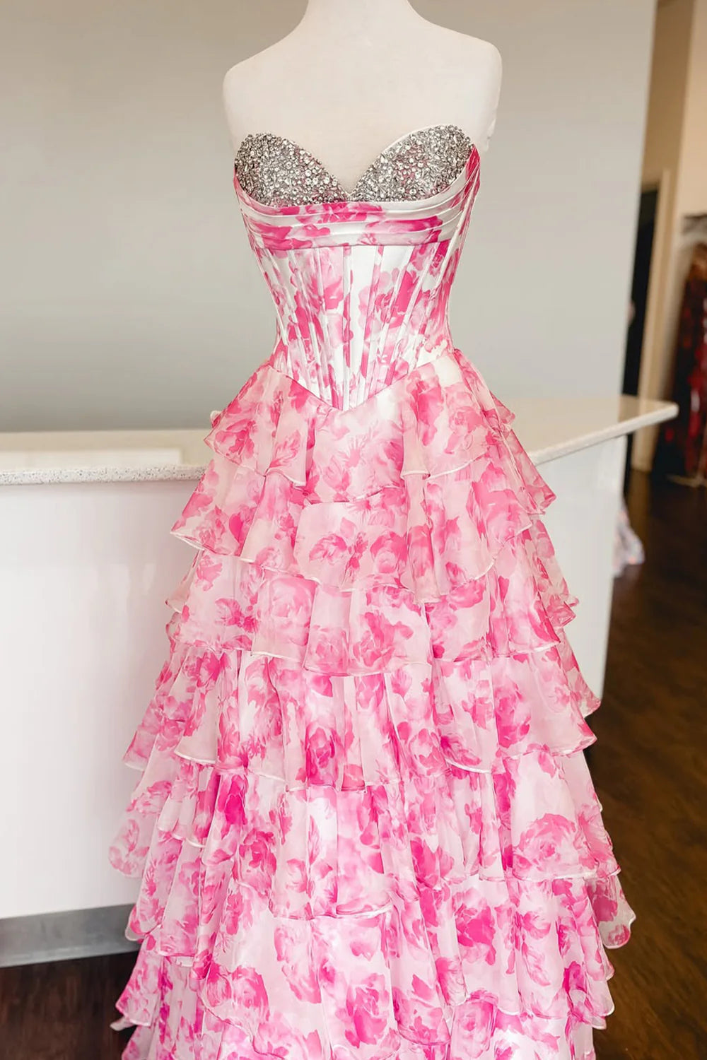 Watercolor Floral Strapless Prom Dress With Sweetheart Tiered Chiffon Train AD321