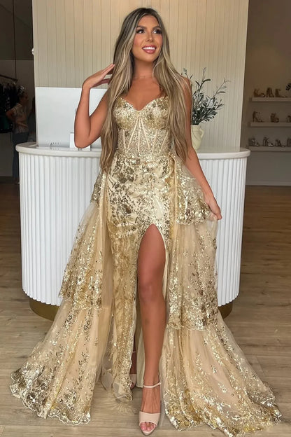 Gold Sequin Train Sweetheart A-Line Lace Long Prom Dress With Tiered Tulle Split AD322