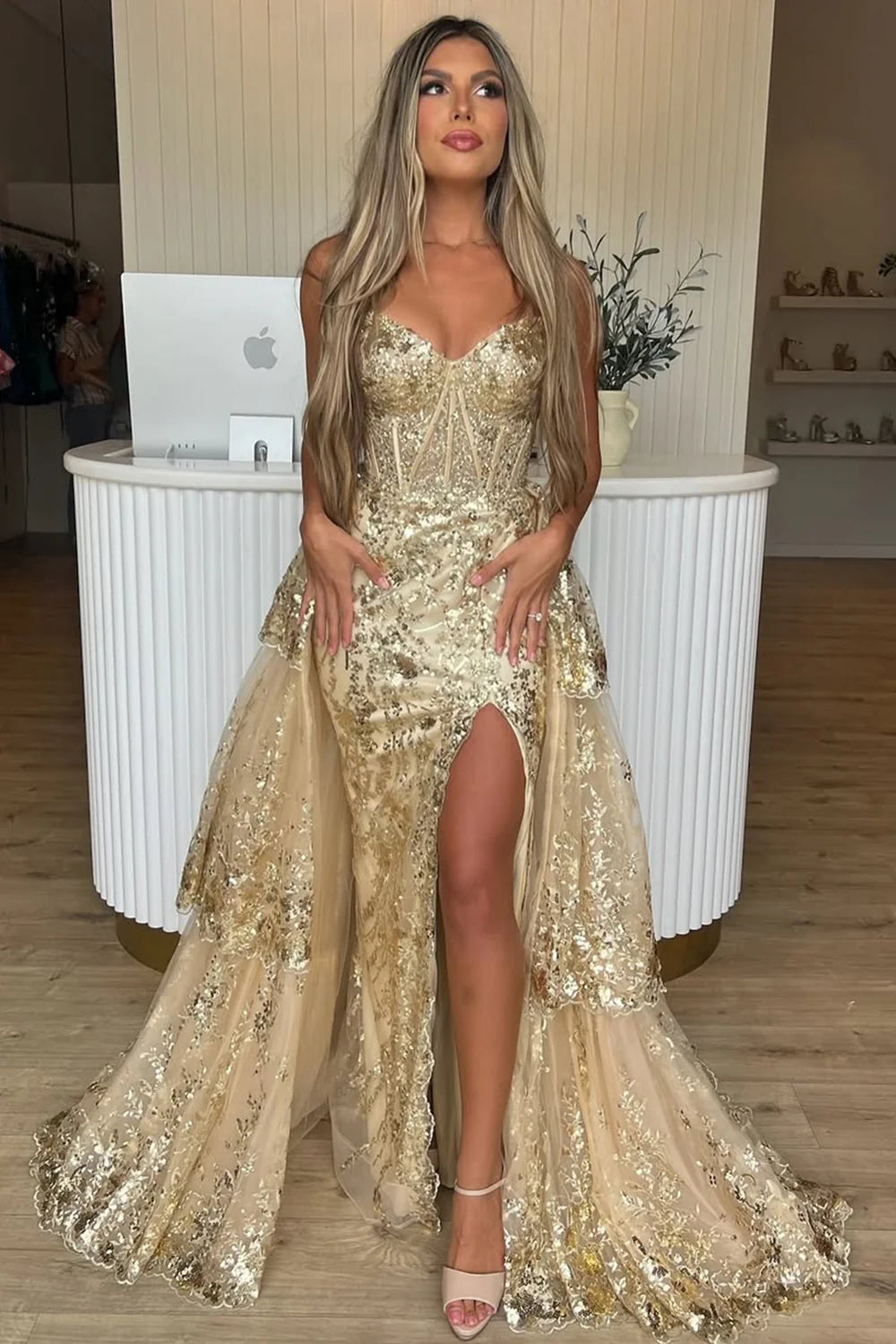Gold Sequin Train Sweetheart A-Line Lace Long Prom Dress With Tiered Tulle Split AD322
