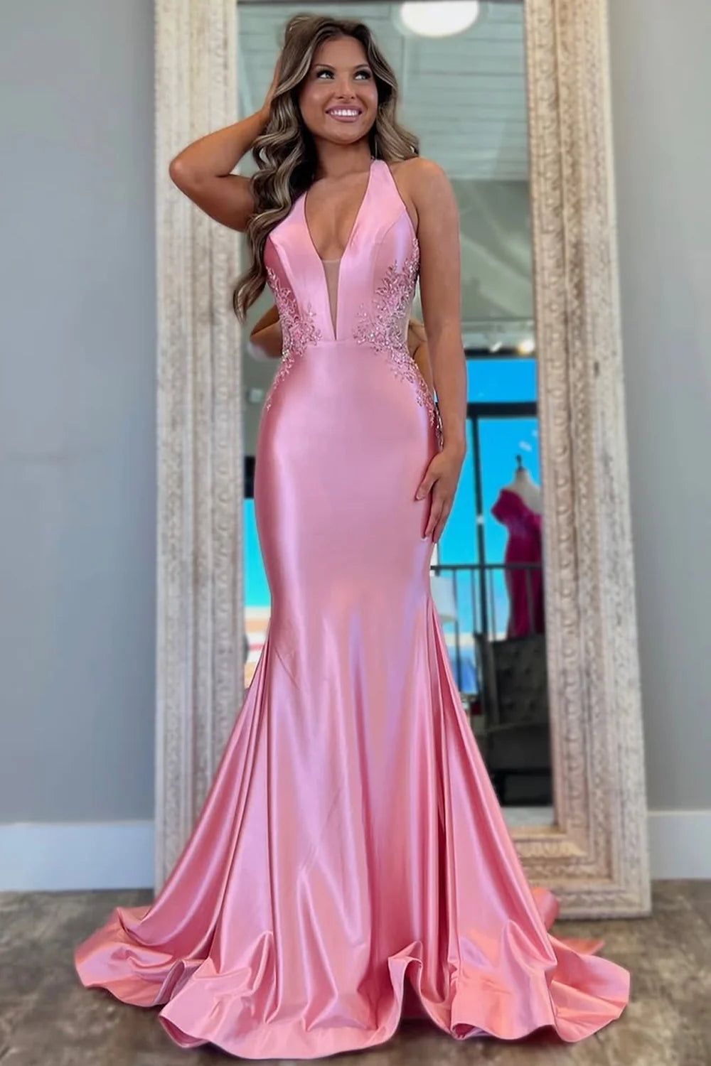 Pink Mermaid Prom Dress With Deep V-Neck Backless Long Satin And Appliques AD324