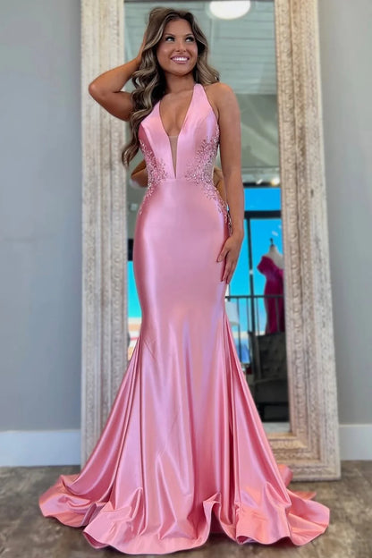 Pink Mermaid Prom Dress With Deep V-Neck Backless Long Satin And Appliques AD324