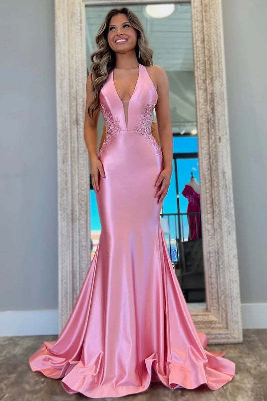 Pink Mermaid Prom Dress With Deep V-Neck Backless Long Satin And Appliques AD324