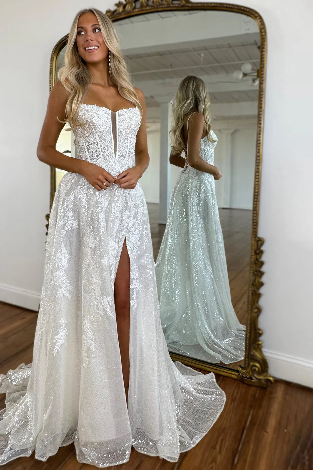White A-Line Spaghetti Straps Lace Up long Prom Dress With Slit And Appliques AD325