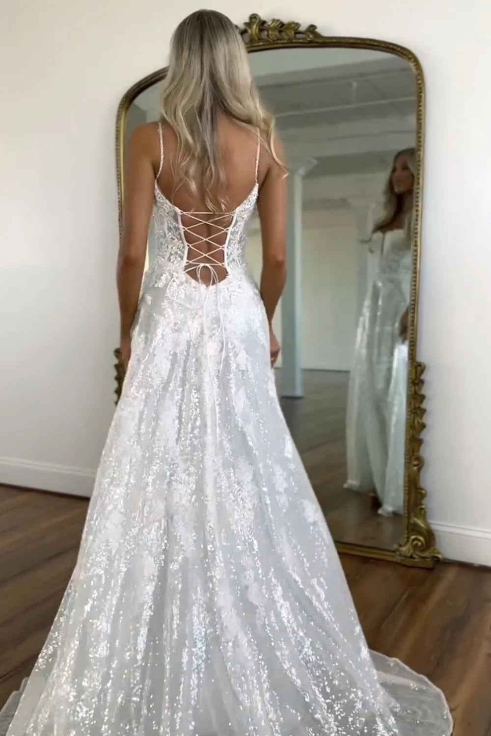 White A-Line Spaghetti Straps Lace Up long Prom Dress With Slit And Appliques AD325