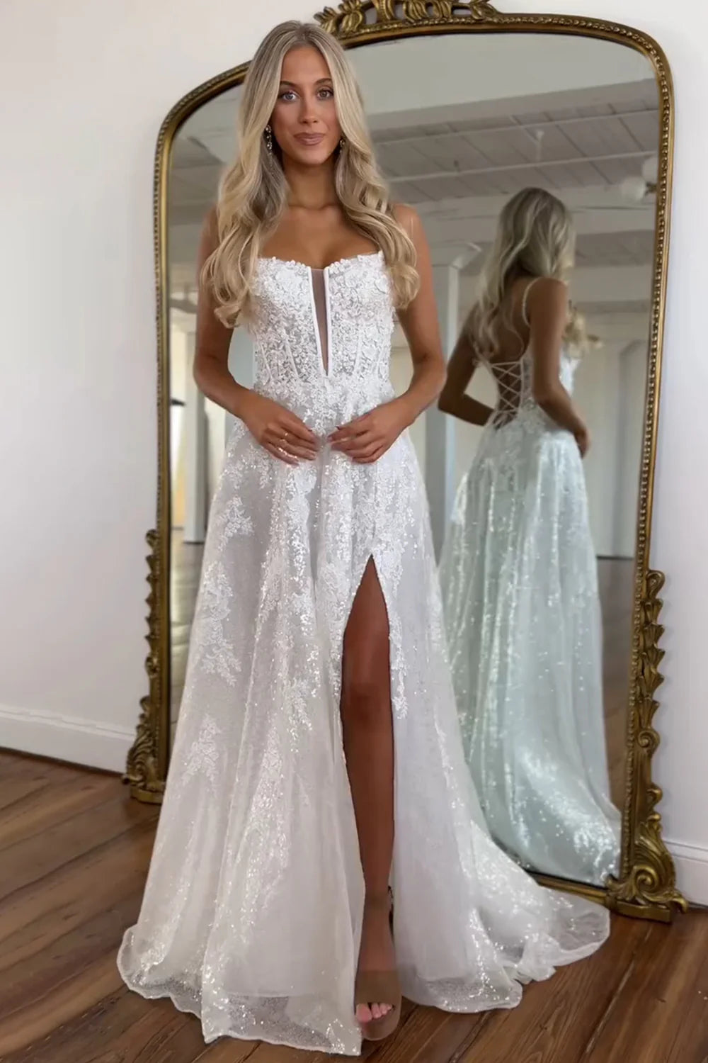 White A-Line Spaghetti Straps Lace Up long Prom Dress With Slit And Appliques AD325
