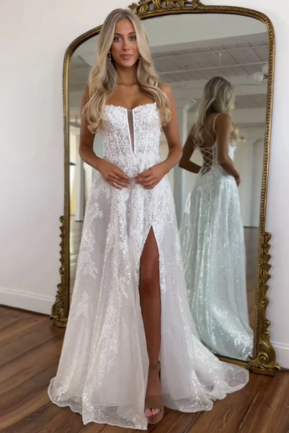 White A-Line Spaghetti Straps Lace Up long Prom Dress With Slit And Appliques AD325