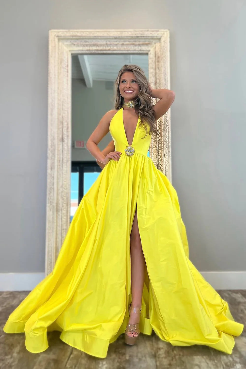 Yellow A-Line Long Satin Prom Dress With Deep V-Neck And Elegant Beading AD326