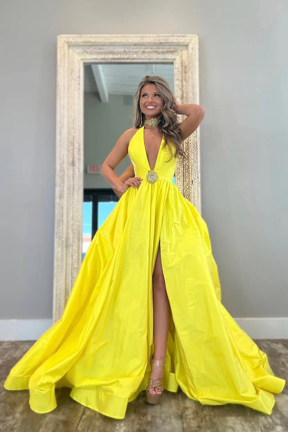 Yellow A-Line Long Satin Prom Dress With Deep V-Neck And Elegant Beading AD326