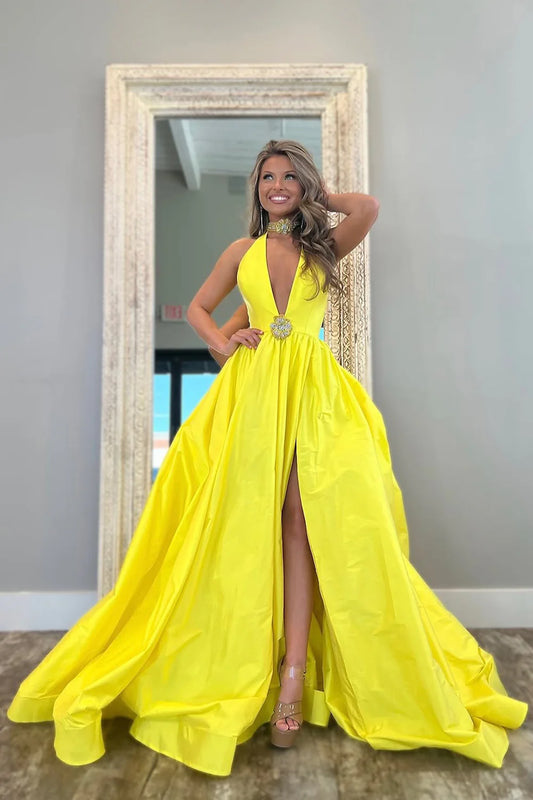 Yellow A-Line Long Satin Prom Dress With Deep V-Neck And Elegant Beading AD326