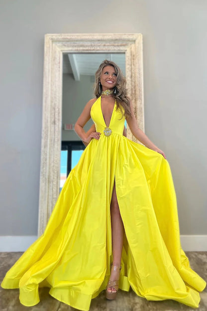 Yellow A-Line Long Satin Prom Dress With Deep V-Neck And Elegant Beading AD326
