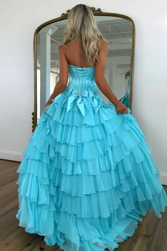 Strapless Tiered Princess A-Line Prom Dress With Slit And Bow AD327