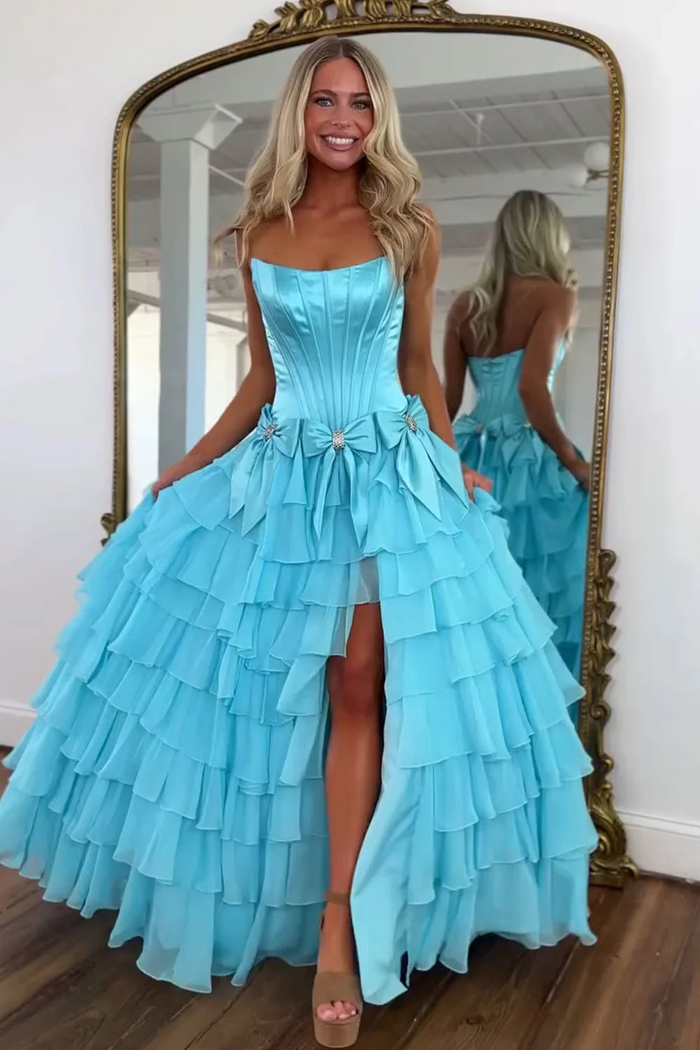Strapless Tiered Princess A-Line Prom Dress With Slit And Bow AD327