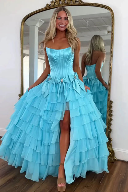 Strapless Tiered Princess A-Line Prom Dress With Slit And Bow AD327
