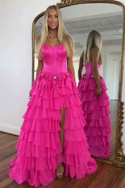 Strapless Tiered Princess A-Line Prom Dress With Slit And Bow AD327