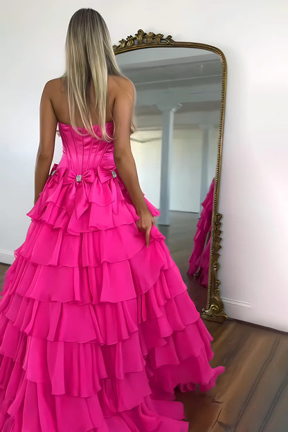 Strapless Tiered Princess A-Line Prom Dress With Slit And Bow AD327