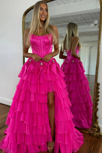 Strapless Tiered Princess A-Line Prom Dress With Slit And Bow AD327