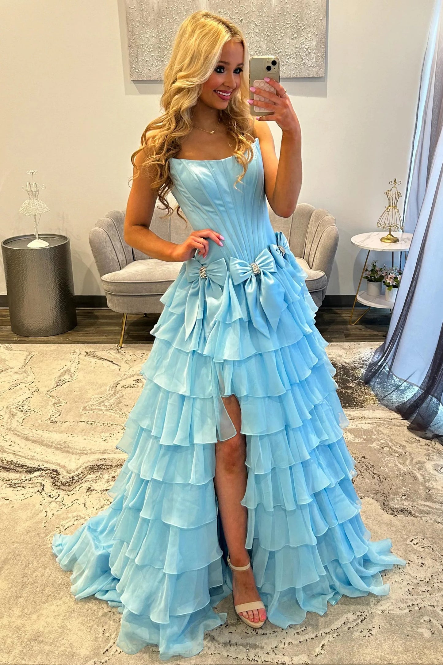 Strapless Tiered Princess A-Line Prom Dress With Slit And Bow AD327