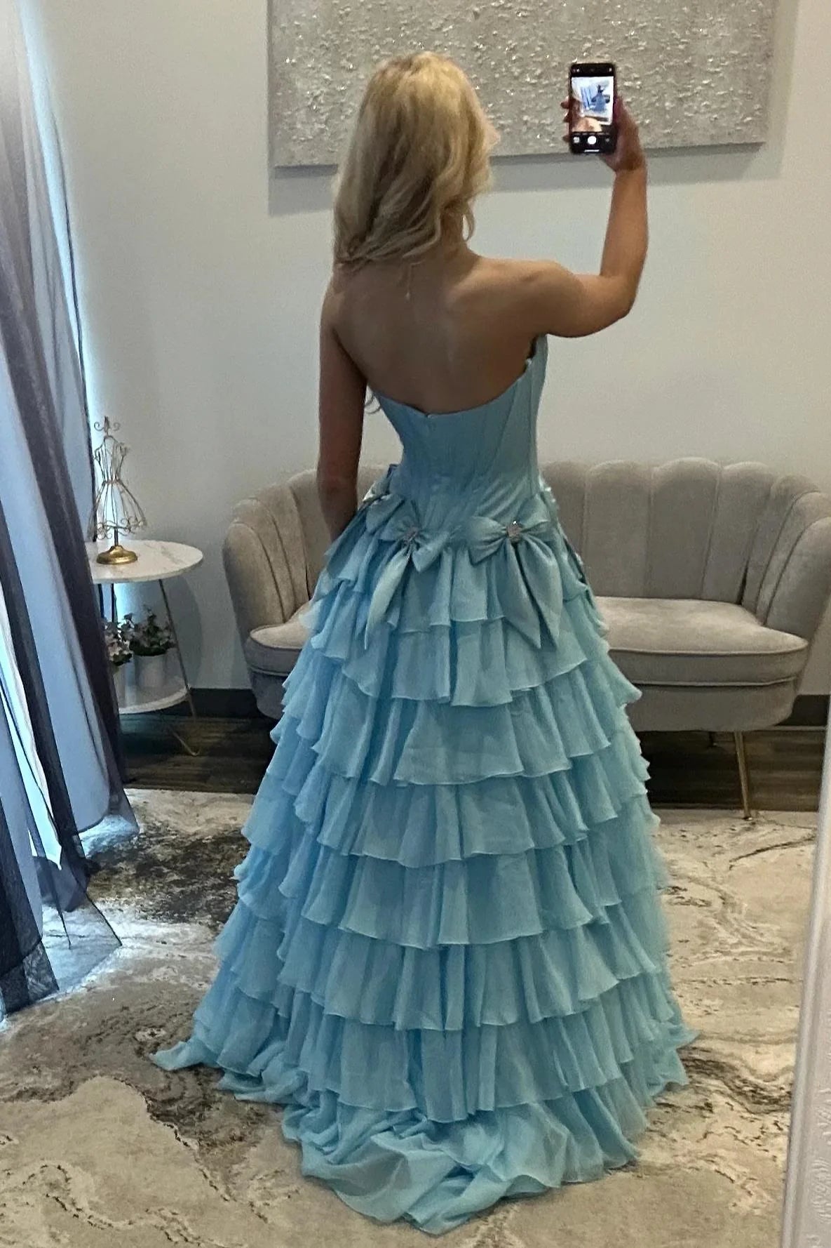 Strapless Tiered Princess A-Line Prom Dress With Slit And Bow AD327