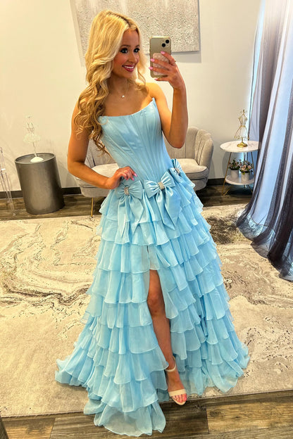 Strapless Tiered Princess A-Line Prom Dress With Slit And Bow AD327