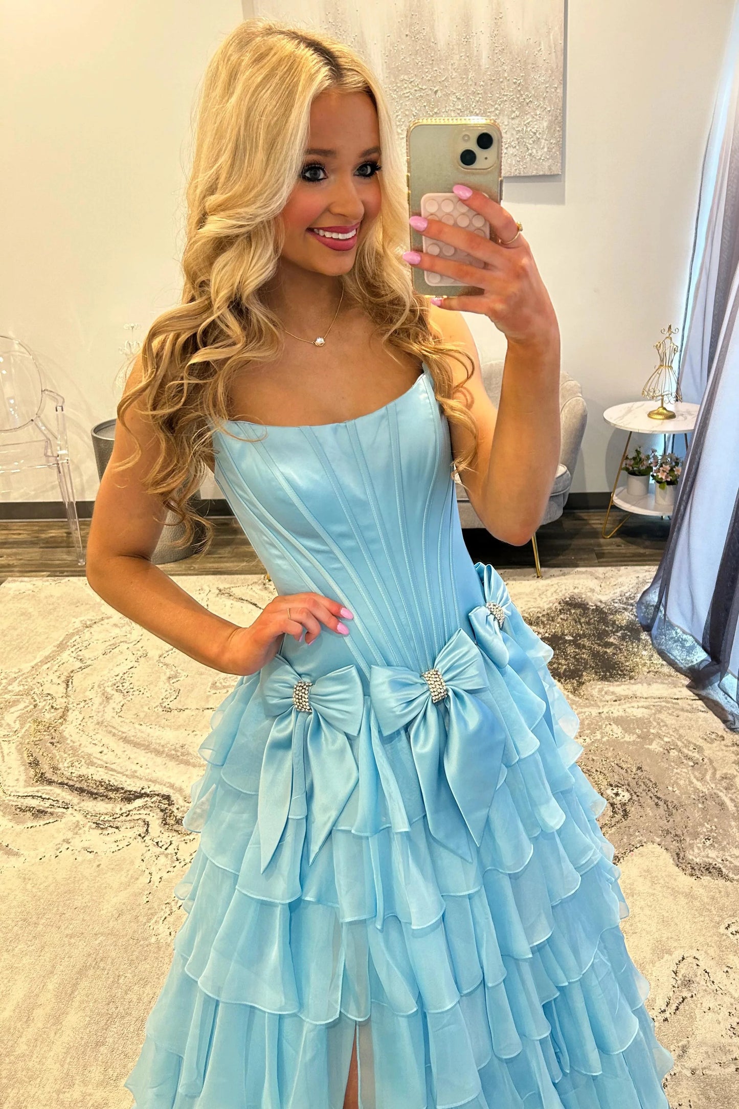 Strapless Tiered Princess A-Line Prom Dress With Slit And Bow AD327