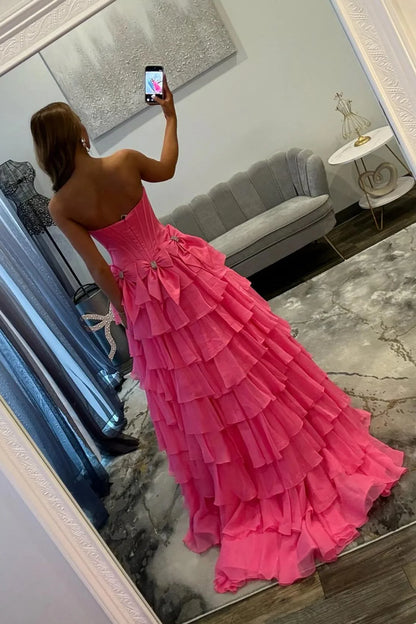Strapless Tiered Princess A-Line Prom Dress With Slit And Bow AD327