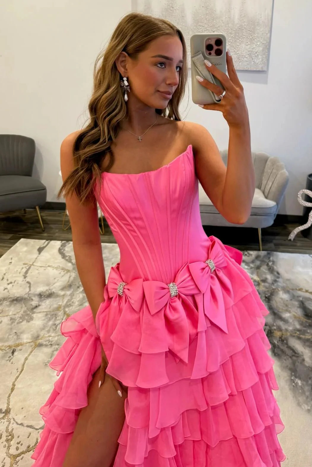 Strapless Tiered Princess A-Line Prom Dress With Slit And Bow AD327