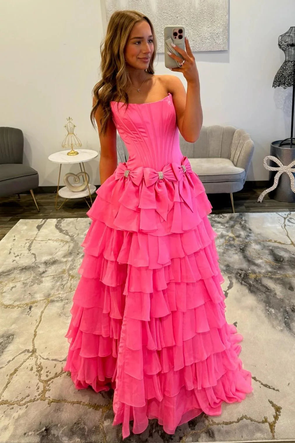 Strapless Tiered Princess A-Line Prom Dress With Slit And Bow AD327