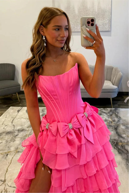 Strapless Tiered Princess A-Line Prom Dress With Slit And Bow AD327