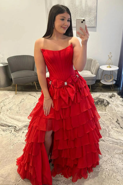 Strapless Tiered Princess A-Line Prom Dress With Slit And Bow AD327