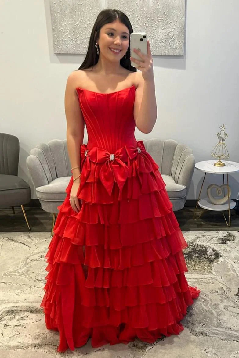 Strapless Tiered Princess A-Line Prom Dress With Slit And Bow AD327