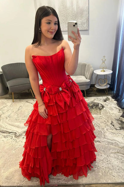 Strapless Tiered Princess A-Line Prom Dress With Slit And Bow AD327