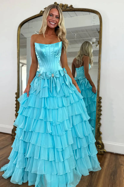 Strapless Tiered Princess A-Line Prom Dress With Slit And Bow AD327