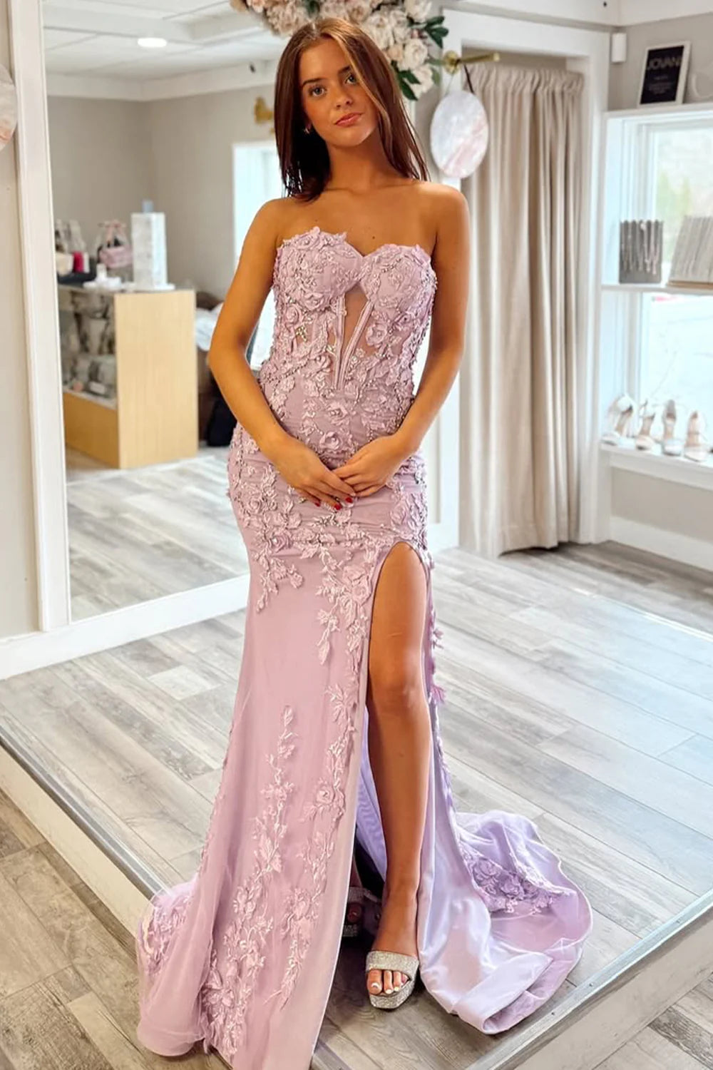 Stunning Mermaid Style Lilac Gown With Embroidery And Front Slit Prom Dress AD328