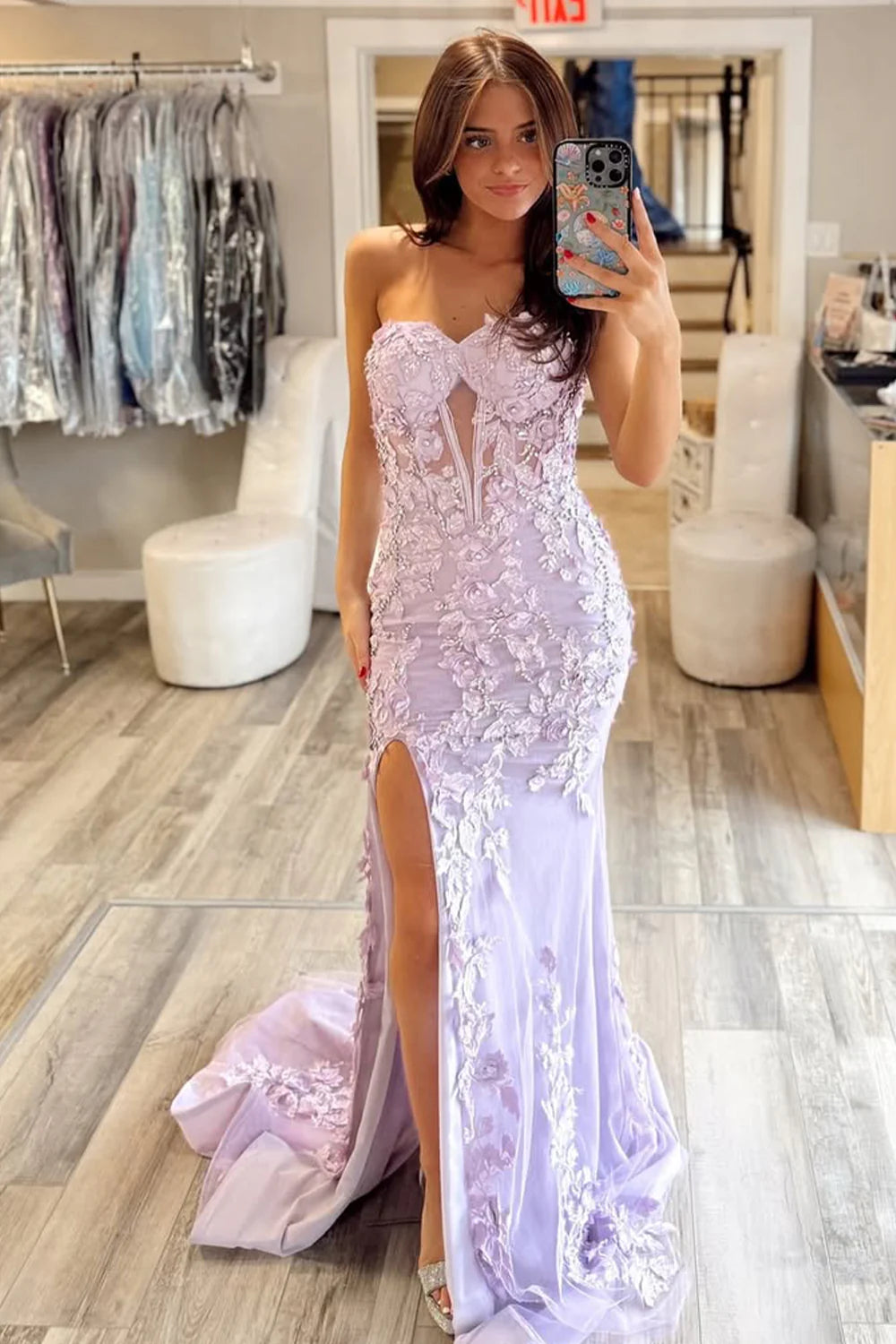 Stunning Mermaid Style Lilac Gown With Embroidery And Front Slit Prom Dress AD328
