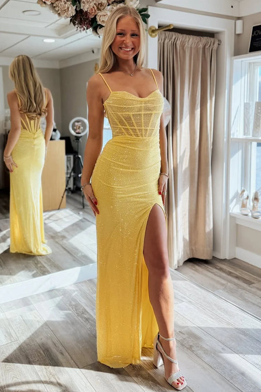 Sparkly Yellow Spaghetti Straps Mermaid Gown With High Slit Prom Dress AD329