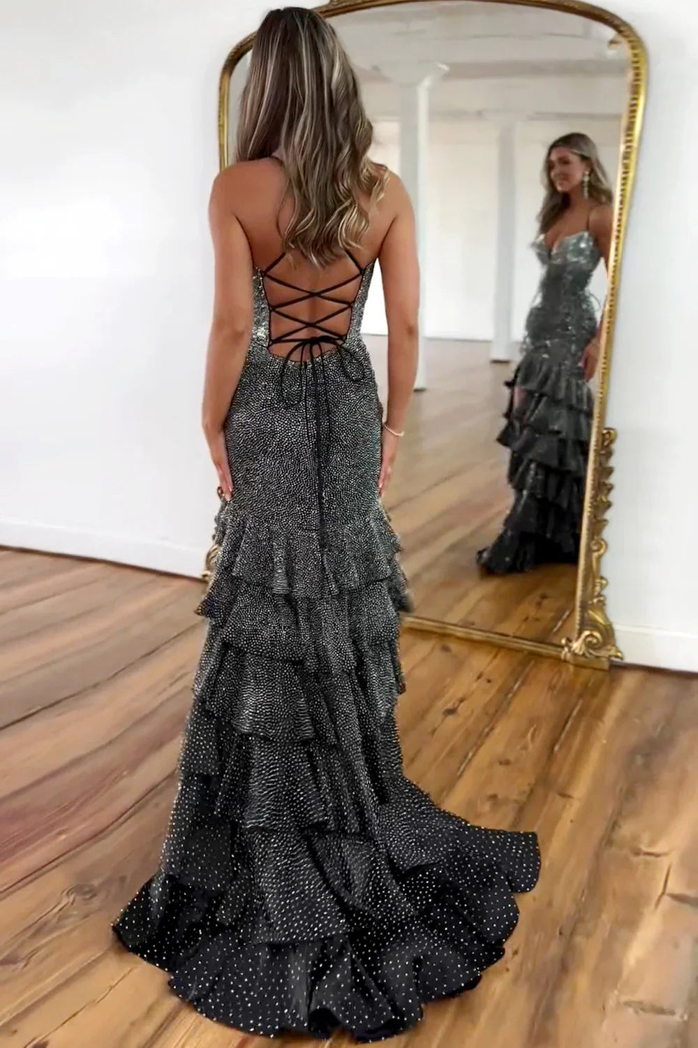 Luxurious Black Beaded Mermaid Prom Dress With Lace Up Corset And Thigh Slit AD331