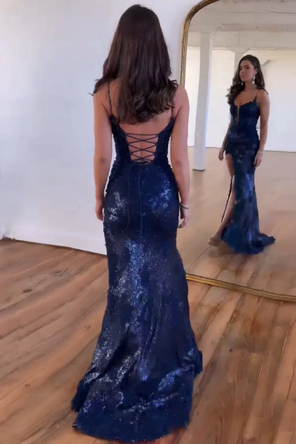 Sparkly Mermaid Prom Dress With Spaghetti Straps Lace Up Back Corset Bodice And Slit AD332