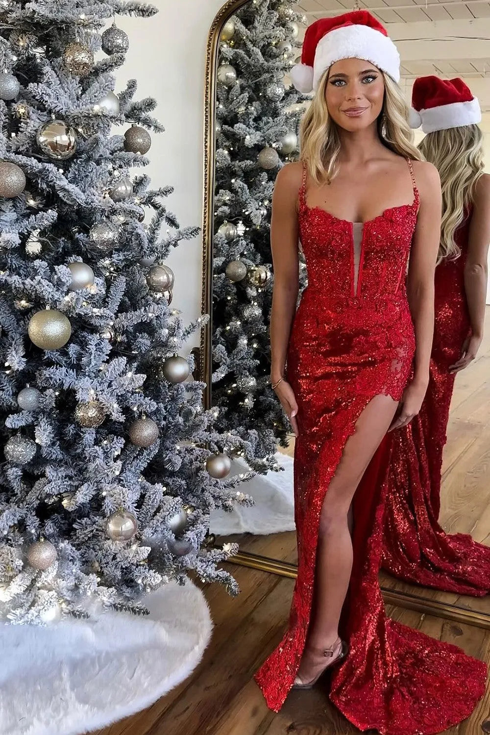 Sparkly Mermaid Prom Dress With Spaghetti Straps Lace Up Back Corset Bodice And Slit AD332